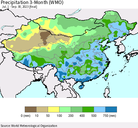 China, Mongolia and Taiwan Precipitation 3-Month (WMO) Thematic Map For 7/1/2023 - 9/30/2023