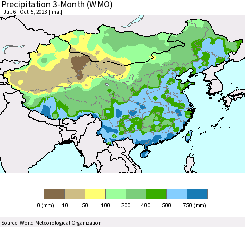 China, Mongolia and Taiwan Precipitation 3-Month (WMO) Thematic Map For 7/6/2023 - 10/5/2023