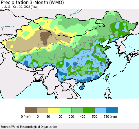 China, Mongolia and Taiwan Precipitation 3-Month (WMO) Thematic Map For 7/11/2023 - 10/10/2023