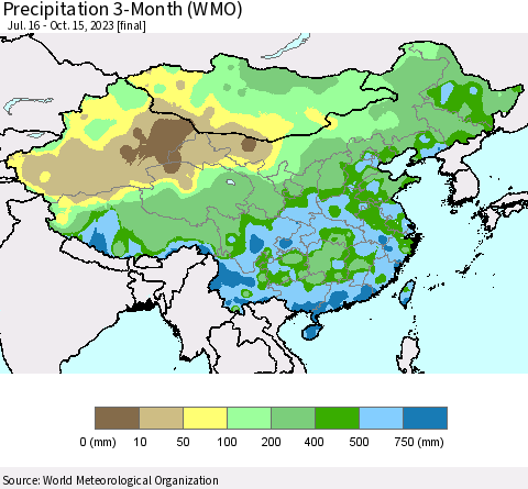 China, Mongolia and Taiwan Precipitation 3-Month (WMO) Thematic Map For 7/16/2023 - 10/15/2023