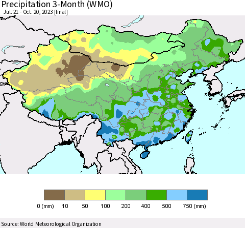 China, Mongolia and Taiwan Precipitation 3-Month (WMO) Thematic Map For 7/21/2023 - 10/20/2023