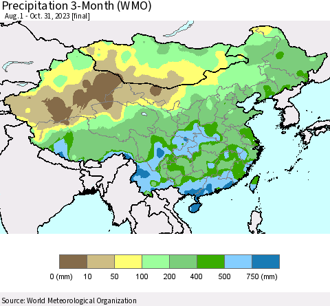 China, Mongolia and Taiwan Precipitation 3-Month (WMO) Thematic Map For 8/1/2023 - 10/31/2023