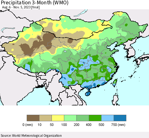 China, Mongolia and Taiwan Precipitation 3-Month (WMO) Thematic Map For 8/6/2023 - 11/5/2023