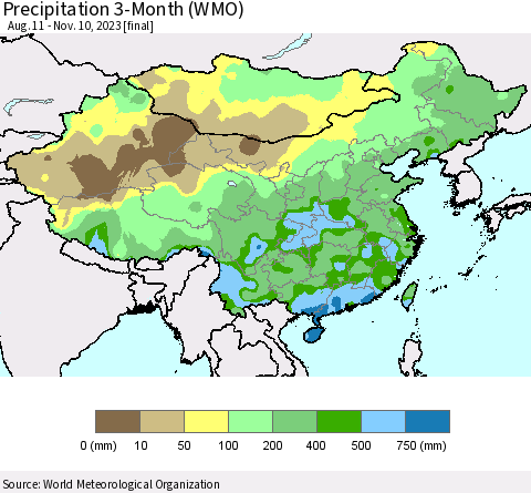 China, Mongolia and Taiwan Precipitation 3-Month (WMO) Thematic Map For 8/11/2023 - 11/10/2023
