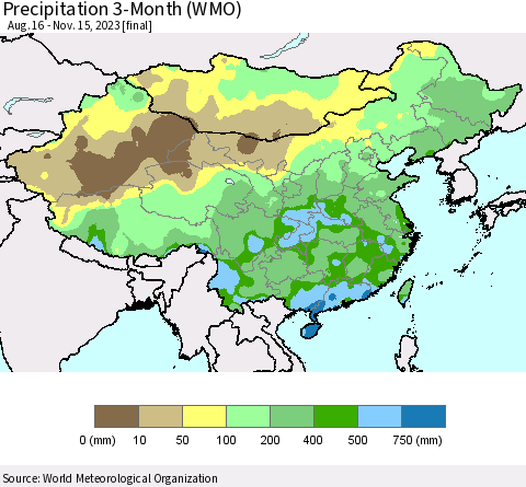 China, Mongolia and Taiwan Precipitation 3-Month (WMO) Thematic Map For 8/16/2023 - 11/15/2023