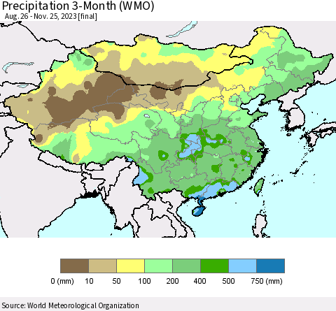 China, Mongolia and Taiwan Precipitation 3-Month (WMO) Thematic Map For 8/26/2023 - 11/25/2023