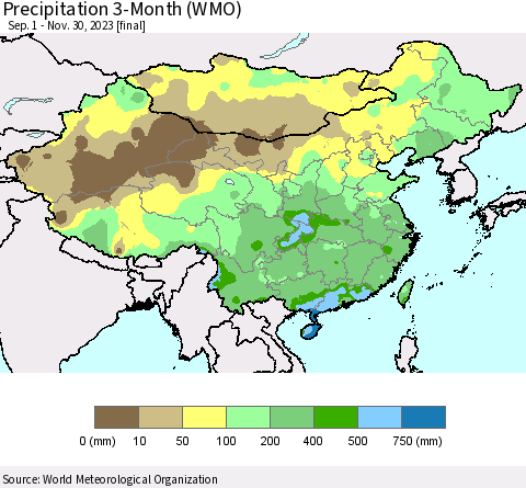 China, Mongolia and Taiwan Precipitation 3-Month (WMO) Thematic Map For 9/1/2023 - 11/30/2023