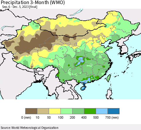 China, Mongolia and Taiwan Precipitation 3-Month (WMO) Thematic Map For 9/6/2023 - 12/5/2023