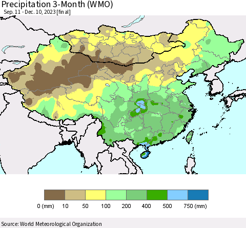 China, Mongolia and Taiwan Precipitation 3-Month (WMO) Thematic Map For 9/11/2023 - 12/10/2023
