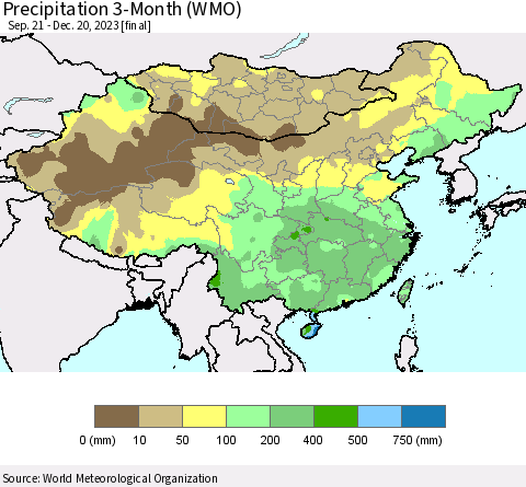 China, Mongolia and Taiwan Precipitation 3-Month (WMO) Thematic Map For 9/21/2023 - 12/20/2023