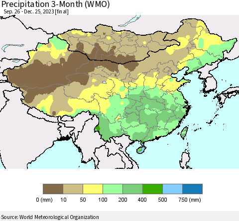 China, Mongolia and Taiwan Precipitation 3-Month (WMO) Thematic Map For 9/26/2023 - 12/25/2023