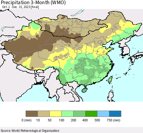 China, Mongolia and Taiwan Precipitation 3-Month (WMO) Thematic Map For 10/1/2023 - 12/31/2023