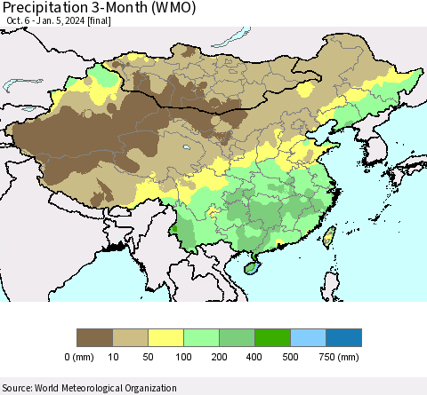 China, Mongolia and Taiwan Precipitation 3-Month (WMO) Thematic Map For 10/6/2023 - 1/5/2024