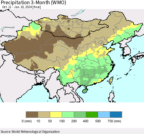 China, Mongolia and Taiwan Precipitation 3-Month (WMO) Thematic Map For 10/11/2023 - 1/10/2024