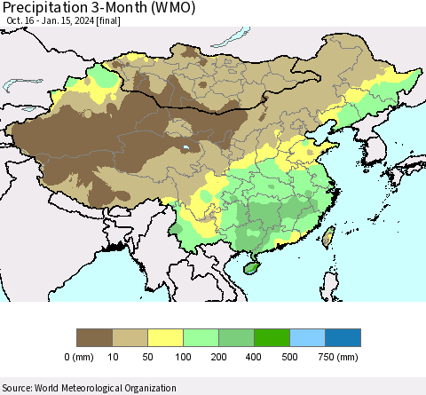 China, Mongolia and Taiwan Precipitation 3-Month (WMO) Thematic Map For 10/16/2023 - 1/15/2024