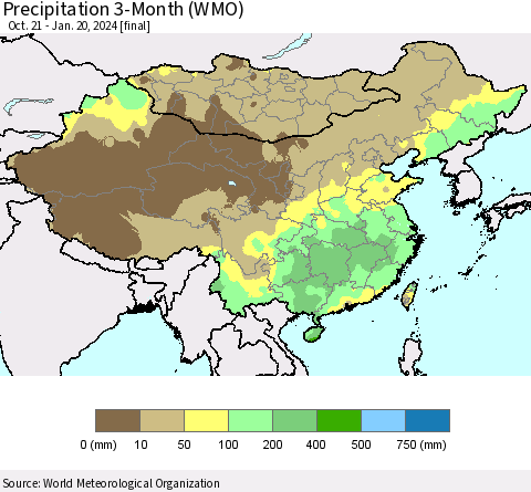 China, Mongolia and Taiwan Precipitation 3-Month (WMO) Thematic Map For 10/21/2023 - 1/20/2024
