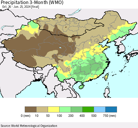 China, Mongolia and Taiwan Precipitation 3-Month (WMO) Thematic Map For 10/26/2023 - 1/25/2024