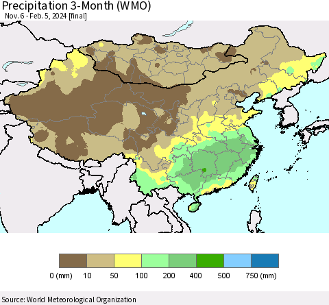 China, Mongolia and Taiwan Precipitation 3-Month (WMO) Thematic Map For 11/6/2023 - 2/5/2024