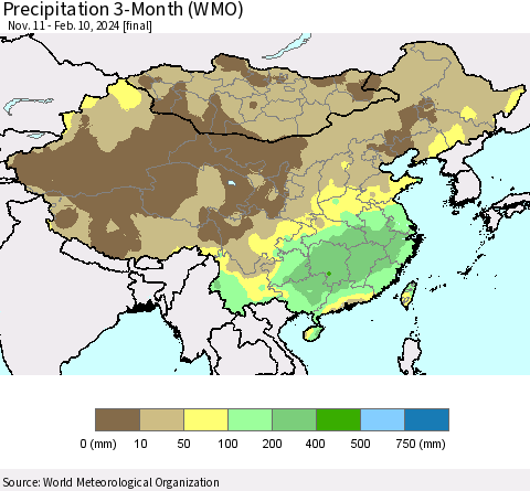 China, Mongolia and Taiwan Precipitation 3-Month (WMO) Thematic Map For 11/11/2023 - 2/10/2024
