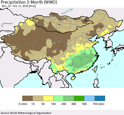 China, Mongolia and Taiwan Precipitation 3-Month (WMO) Thematic Map For 11/16/2023 - 2/15/2024