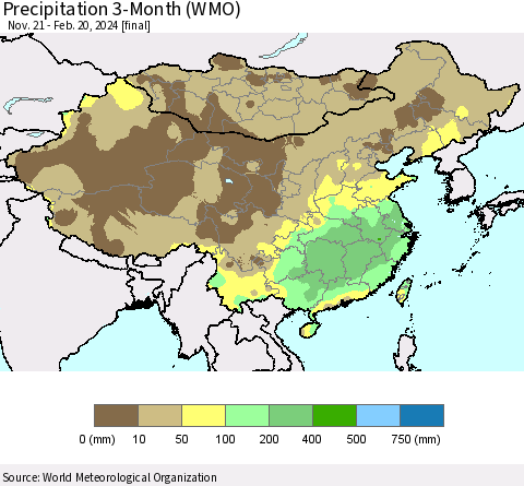 China, Mongolia and Taiwan Precipitation 3-Month (WMO) Thematic Map For 11/21/2023 - 2/20/2024