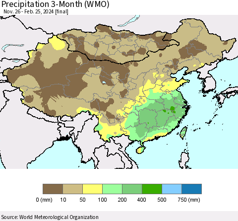 China, Mongolia and Taiwan Precipitation 3-Month (WMO) Thematic Map For 11/26/2023 - 2/25/2024