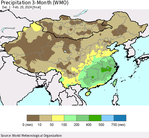 China, Mongolia and Taiwan Precipitation 3-Month (WMO) Thematic Map For 12/1/2023 - 2/29/2024
