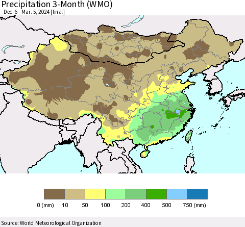 China, Mongolia and Taiwan Precipitation 3-Month (WMO) Thematic Map For 12/6/2023 - 3/5/2024