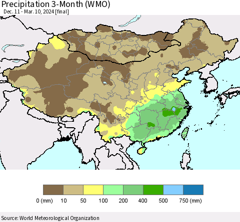China, Mongolia and Taiwan Precipitation 3-Month (WMO) Thematic Map For 12/11/2023 - 3/10/2024