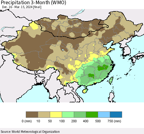 China, Mongolia and Taiwan Precipitation 3-Month (WMO) Thematic Map For 12/16/2023 - 3/15/2024