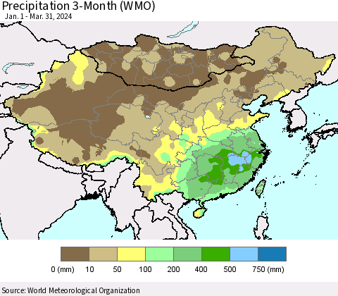 China, Mongolia and Taiwan Precipitation 3-Month (WMO) Thematic Map For 1/1/2024 - 3/31/2024