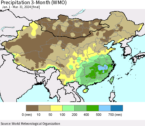 China, Mongolia and Taiwan Precipitation 3-Month (WMO) Thematic Map For 1/1/2024 - 3/31/2024