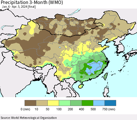 China, Mongolia and Taiwan Precipitation 3-Month (WMO) Thematic Map For 1/6/2024 - 4/5/2024