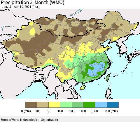 China, Mongolia and Taiwan Precipitation 3-Month (WMO) Thematic Map For 1/11/2024 - 4/10/2024