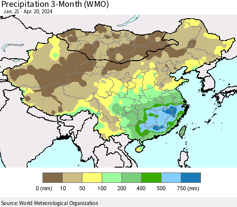 China, Mongolia and Taiwan Precipitation 3-Month (WMO) Thematic Map For 1/21/2024 - 4/20/2024