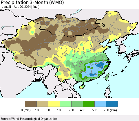 China, Mongolia and Taiwan Precipitation 3-Month (WMO) Thematic Map For 1/21/2024 - 4/20/2024