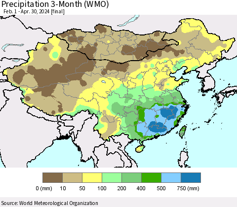 China, Mongolia and Taiwan Precipitation 3-Month (WMO) Thematic Map For 2/1/2024 - 4/30/2024