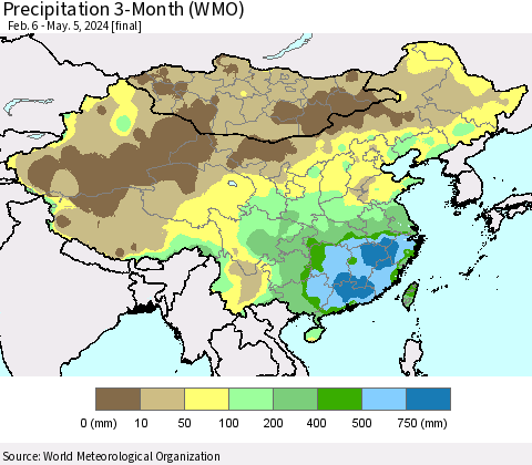 China, Mongolia and Taiwan Precipitation 3-Month (WMO) Thematic Map For 2/6/2024 - 5/5/2024
