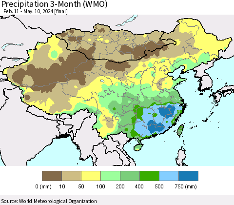 China, Mongolia and Taiwan Precipitation 3-Month (WMO) Thematic Map For 2/11/2024 - 5/10/2024
