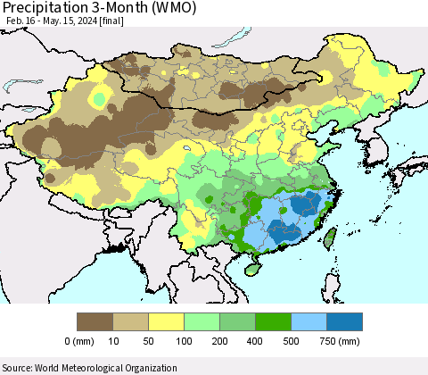 China, Mongolia and Taiwan Precipitation 3-Month (WMO) Thematic Map For 2/16/2024 - 5/15/2024