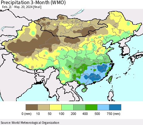 China, Mongolia and Taiwan Precipitation 3-Month (WMO) Thematic Map For 2/21/2024 - 5/20/2024