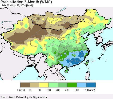 China, Mongolia and Taiwan Precipitation 3-Month (WMO) Thematic Map For 2/26/2024 - 5/25/2024