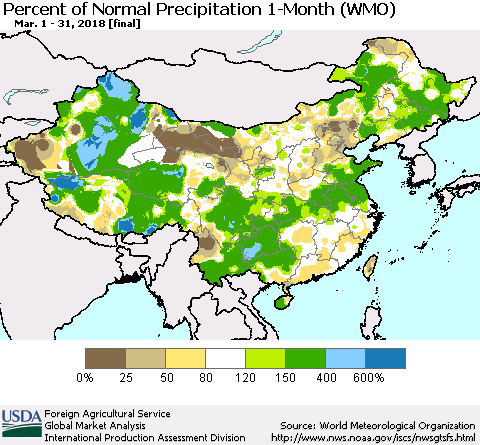 China, Mongolia and Taiwan Percent of Normal Precipitation 1-Month (WMO) Thematic Map For 3/1/2018 - 3/31/2018