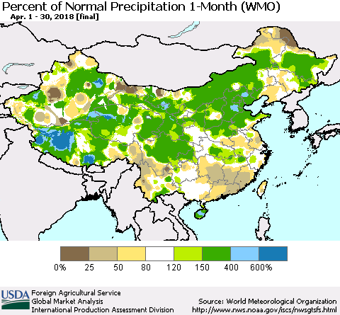 China, Mongolia and Taiwan Percent of Normal Precipitation 1-Month (WMO) Thematic Map For 4/1/2018 - 4/30/2018