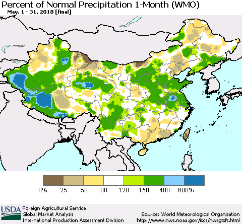 China, Mongolia and Taiwan Percent of Normal Precipitation 1-Month (WMO) Thematic Map For 5/1/2018 - 5/31/2018