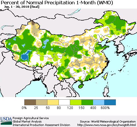 China, Mongolia and Taiwan Percent of Normal Precipitation 1-Month (WMO) Thematic Map For 6/1/2018 - 6/30/2018