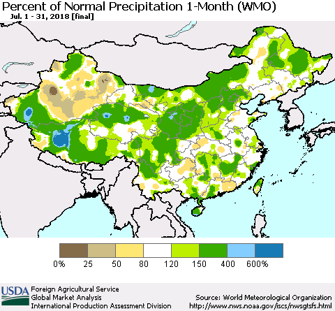 China, Mongolia and Taiwan Percent of Normal Precipitation 1-Month (WMO) Thematic Map For 7/1/2018 - 7/31/2018