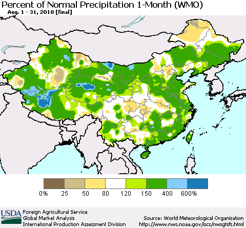 China, Mongolia and Taiwan Percent of Normal Precipitation 1-Month (WMO) Thematic Map For 8/1/2018 - 8/31/2018