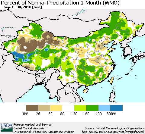 China, Mongolia and Taiwan Percent of Normal Precipitation 1-Month (WMO) Thematic Map For 9/1/2018 - 9/30/2018