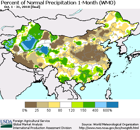 China and Taiwan Percent of Normal Precipitation 1-Month (WMO) Thematic Map For 10/1/2018 - 10/31/2018